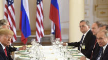 <p>U.S. President Donald Trump participates in an expanded bilateral meeting with Russia’s President Vladimir Putin in Helsinki, Finland July 16, 2018. (Photo: Lehtikuva/Heikki Saukkomaa/Reuters) </p>