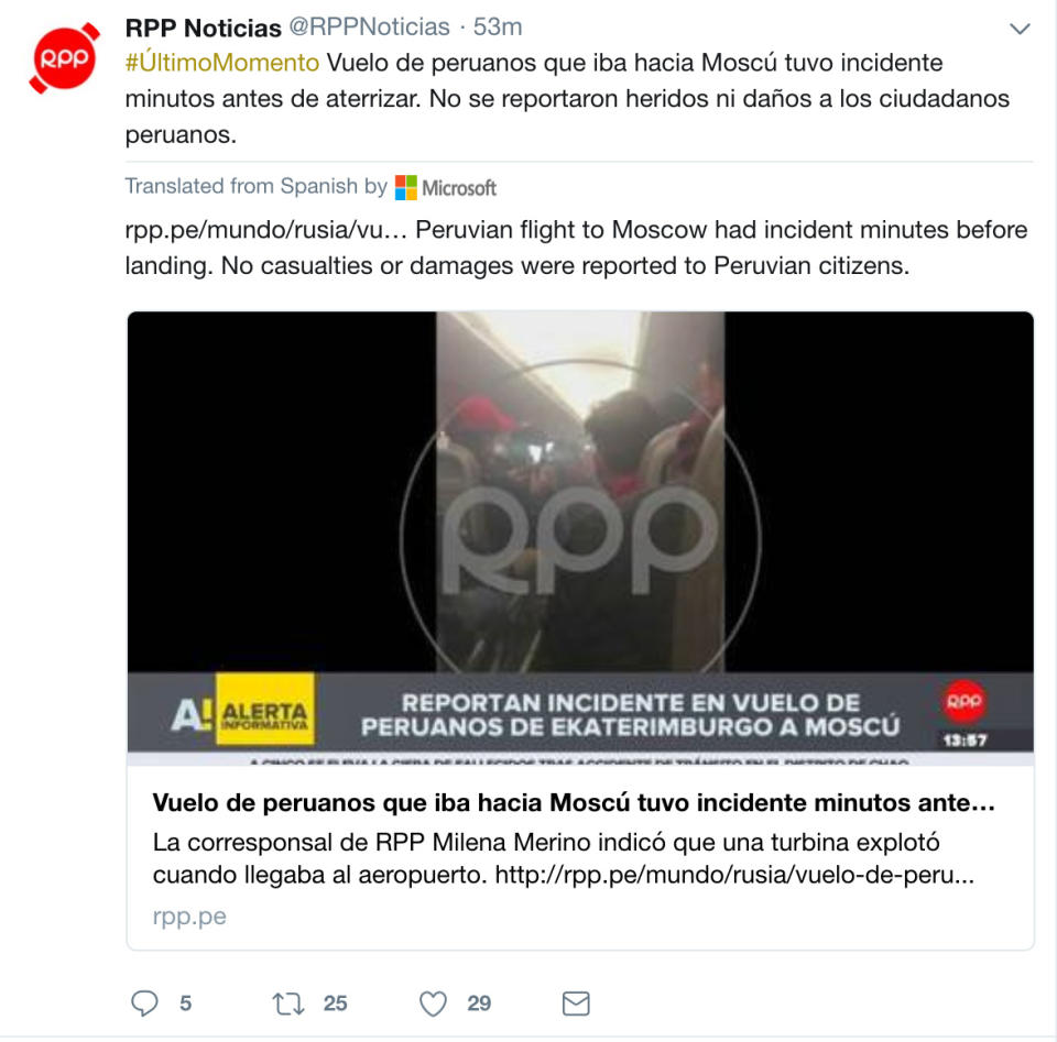 A flight to Moscow carrying around 70 Peruvian fans had an incident briefly before landing Friday. (Photo credit: Twitter/@RPPNoticias)