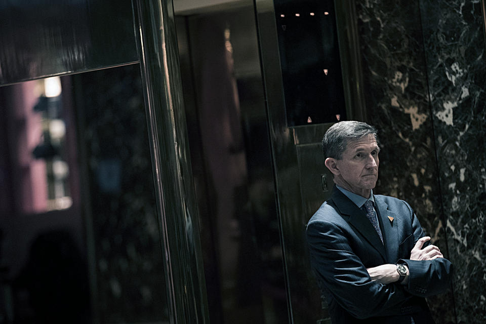 Retired Lt. Gen. Michael Flynn, President-elect Donald Trump’s choice for national security adviser, waits for an elevator in the lobby at Trump Tower, Dec. 12, 2016, in New York City. (Digitally enhanced photo: Drew Angerer/Getty Images)