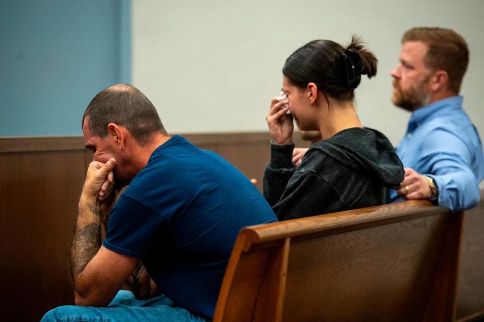 Micara Harrington, center, and other family members of Micah Harrington react as Harrington’s killer, Clint Brower, pleads guilty in Harrison County Circuit Court in Biloxi on Monday, June 3, 2024.