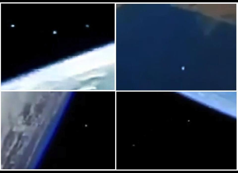 This composite image shows four different times that alleged UFO were photographed above Earth by either space shuttles or the International Space Station. The big question is whether or not they are truly unidentified objects or if they are more likely reflections from spacecraft windows, meteors or fast-moving spacecraft-generated debris.  