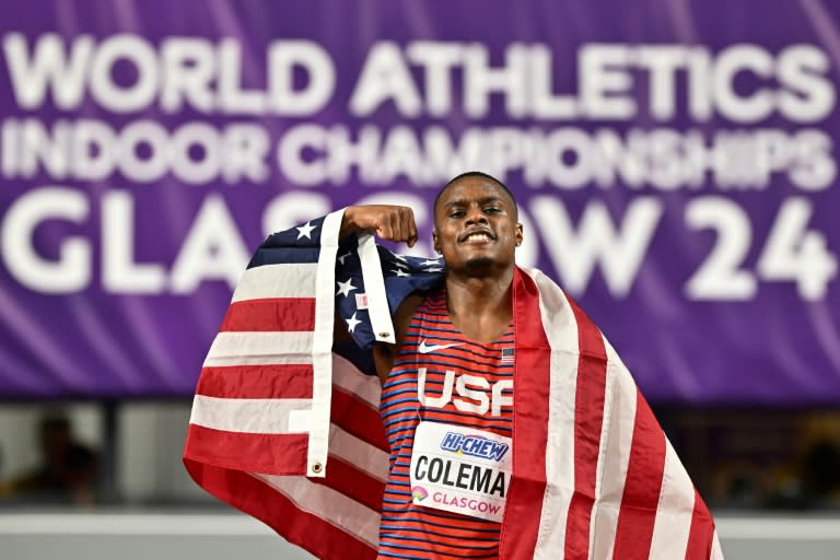 Christian Coleman celebrates winning the 60 metres at the World Indoor Championships in February (Ben Stansall)