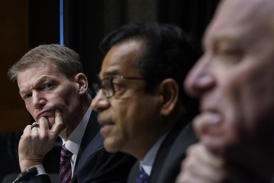 FireEye CEO Kevin Mandia, SolarWinds CEO Sudhakar Ramakrishna and Microsoft President Brad Smith testify during a Senate Intelligence Committee hearing on Capitol Hill on Tuesday, Feb. 23, 2021 in Washington. (Drew Angerer/Photo via AP)