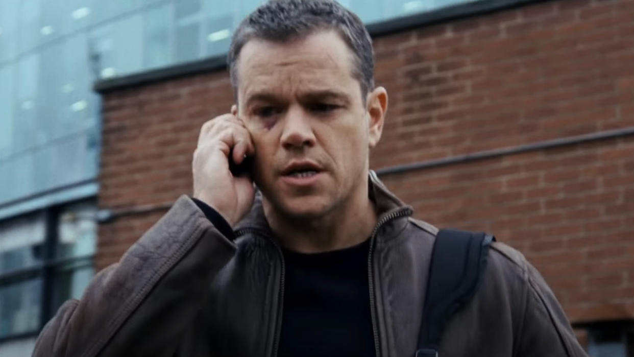  Matt Damon taking a tense phone call outside in Jason Bourne. 