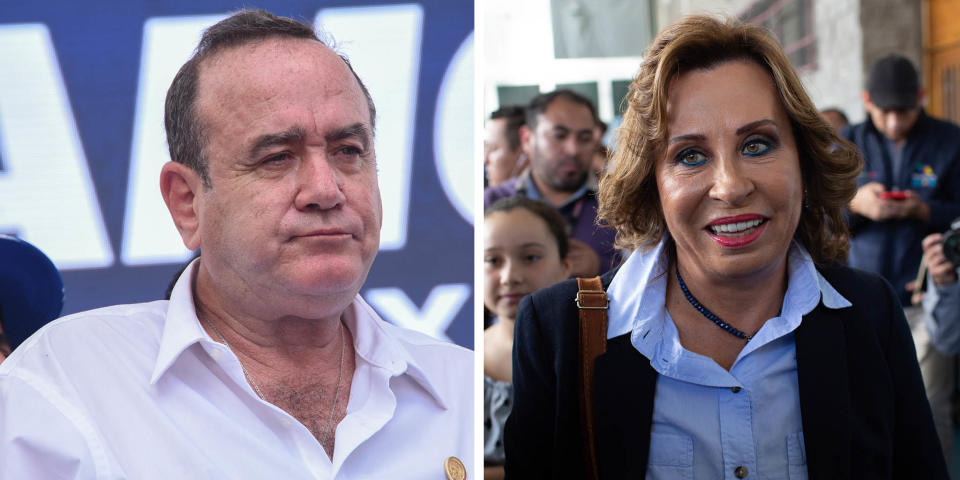 (L) Guatemalan candidate for the Vamos party Alejandro Giammattei attends his campaign closing rally in Guatemala City on August 4, 2019. (R) Sandra Torres, former first lady and presidential candidate for the National Union of Hope (Union Nacional de la Esperanza) party, walks through a polling station after voting in Guatemala City on June 16, 2019. | Orlando Estrada—AFP/Getty Images; James Rodriguez—Bloomberg via Getty Images