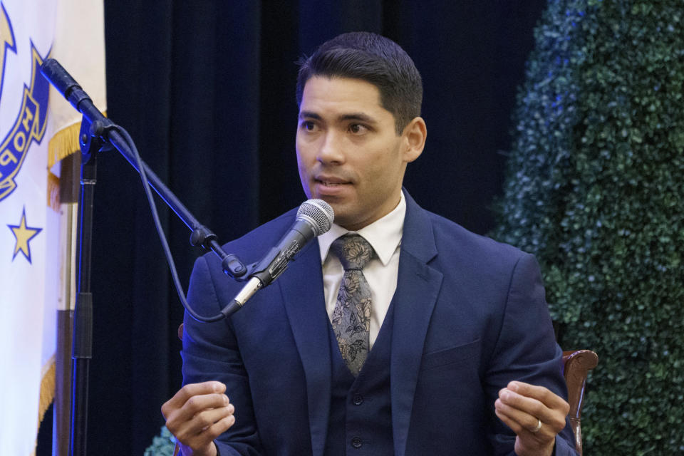 Democratic challenger for Rhode Island governor, community activist Dr. Luis Daniel Muñoz, speaks during a gubernatorial election forum hosted by the Greater Providence Chamber of Commerce in Warwick, R.I., Thursday, Sept. 8, 2022. (AP Photo/David Goldman)