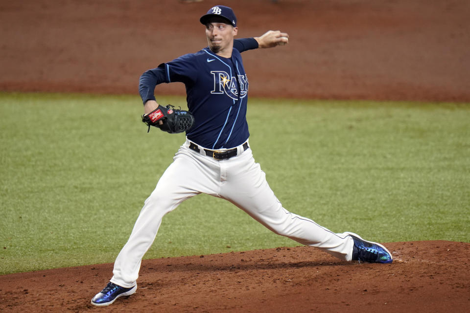 Tampa Bay Rays' Blake Snell pitches to the Toronto Blue Jays during the third inning of Game 1 of a wild card playoff series baseball game Tuesday, Sept. 29, 2020, in St. Petersburg, Fla. (AP Photo/Chris O'Meara)