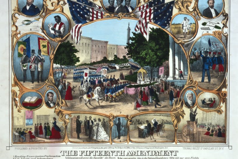 Thomas Kelly's "The Fifteenth Amendment" is an 1870 print celebrating the passage of the 15th Amendment to the U.S. Constitution. On March 30, 1870, the 15th Amendment, granting African American men the right to vote, was adopted. Photo by Thomas Kelly/Library of Congress