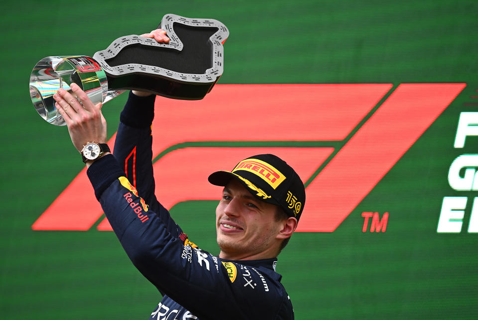 IMOLA, ITALY - APRIL 24: Race winner Max Verstappen of the Netherlands and Oracle Red Bull Racing celebrates on the podium  during the F1 Grand Prix of Emilia Romagna at Autodromo Enzo e Dino Ferrari on April 24, 2022 in Imola, Italy. (Photo by Clive Mason/Getty Images)