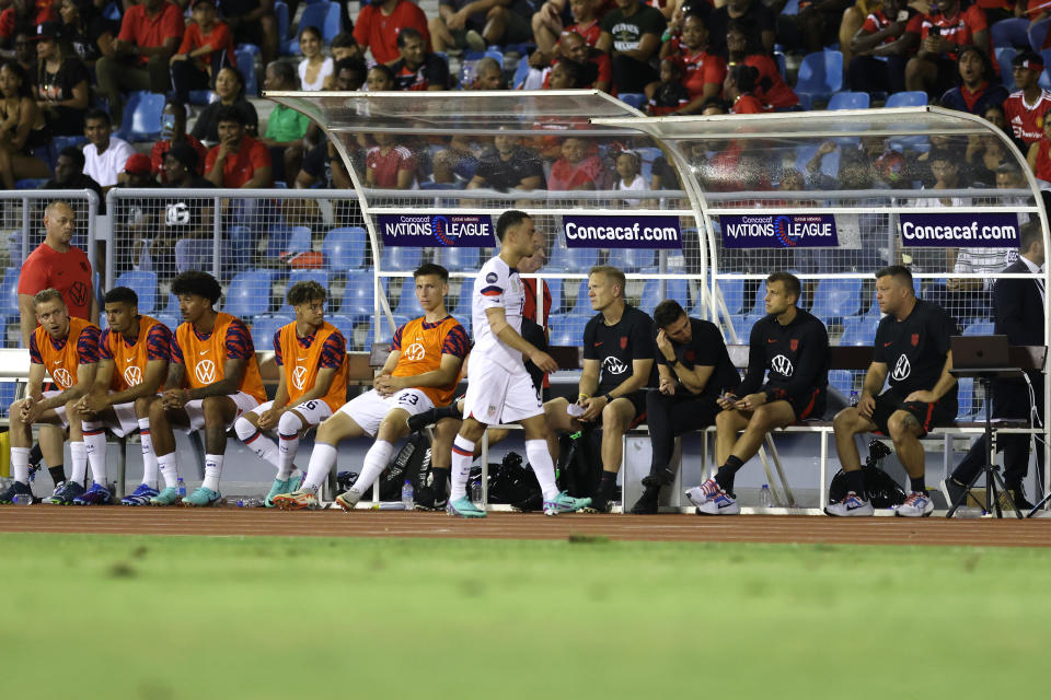 PORT OF SPAIN, TRINIDAD AND TOBAGO - NOVEMBER 20: Sergiño Dest #2 of the United States leaves the field after being red carded during the first half against Trinidad and Tobago at Hasely Crawford Stadium on November 20, 2023 in Port of Spain, Trinidad And Tobago. (Photo by John Dorton/ISI Photos/USSF/Getty Images for USSF)