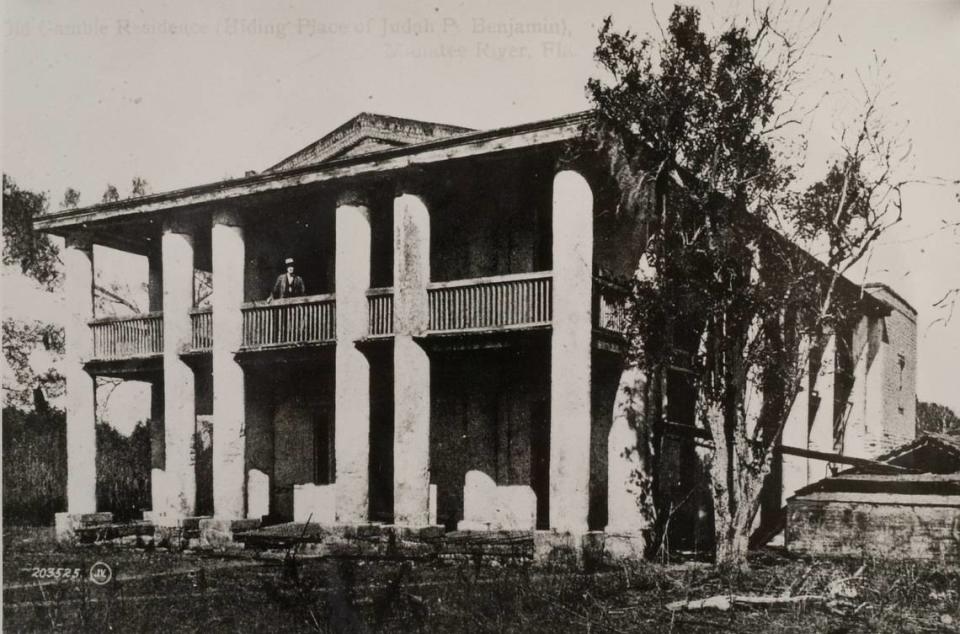 The deteriorating Gamble Mansion as it looked in 1905. It was built by Major Robert Gamble between 1844 and 1850, as a sugar plantation, encompassing 3500 acres with 191 enslaved people prior to the Civil War. Later the sugar market went flat so Major Gamble moved to Tallahassee. The mansion had 5 owners during the years and many renters. The ailing mansion was purchased by the United Daughters of the Confederacy for $3,200 in the 1920’s , who then turned it over to the State.