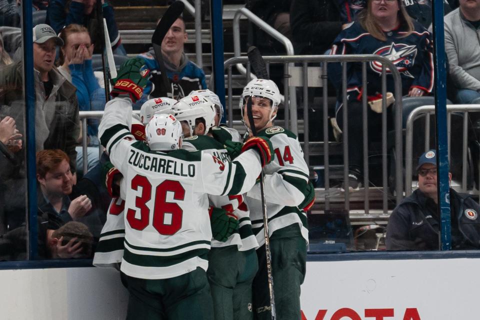 Jan 6, 2024; Columbus, Ohio, USA;
Minnesota Wild celebrate their tying goal at the end of the third period bringing the game into overtime against the Columbus Blue Jackets on Saturday, Jan. 6, 2024 at Nationwide Arena.