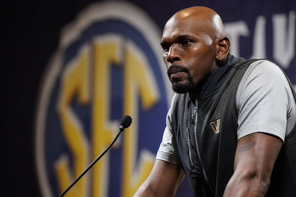 Vanderbilt NCAA college basketball head coach Jerry Stackhouse speaks during Southeastern Conference Media Days, Wednesday, Oct. 18, 2023, in Birmingham, Ala. (AP Photo/Mike Stewart)