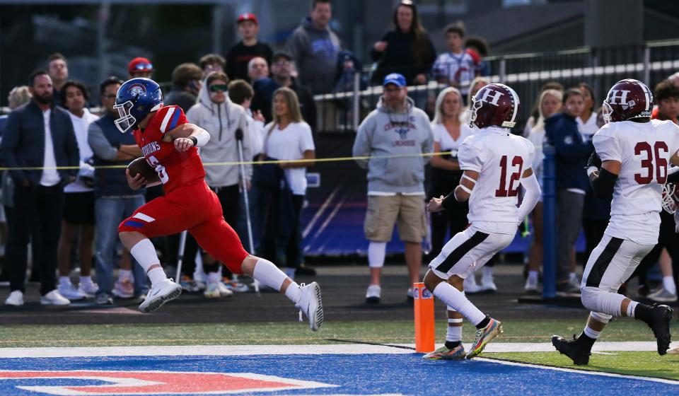 CAL's Gavin Copenhaver (16) caught a pass for a touchdown against Henry County during their game at the CAL stadium in Louisville, Ky. on Sept. 30, 2022.