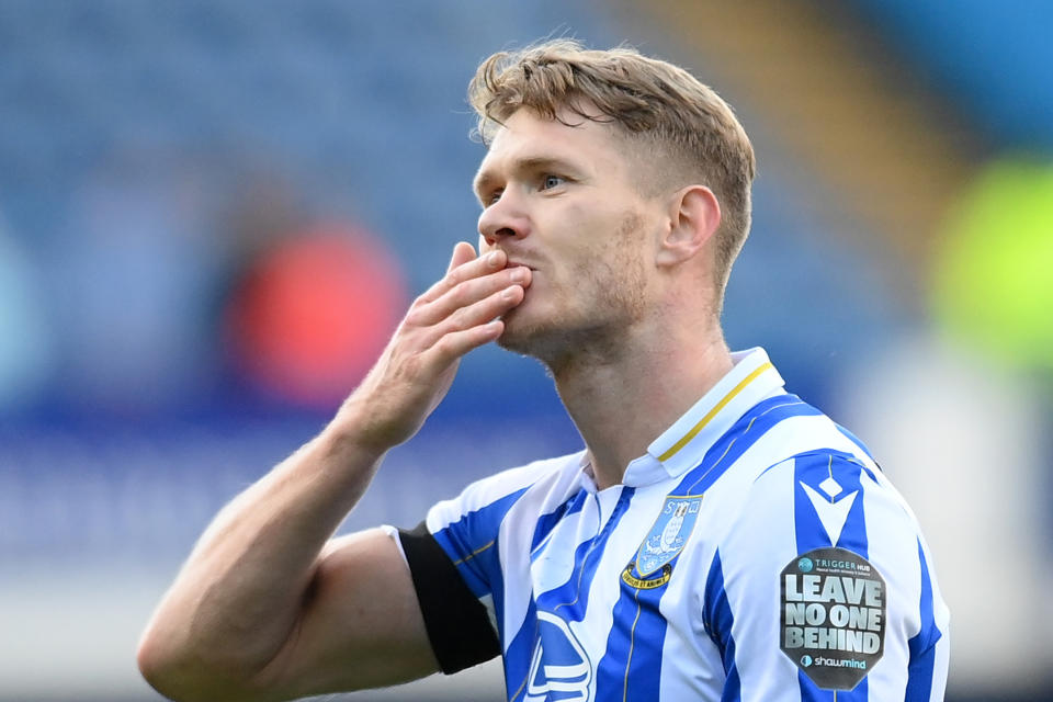 SHEFFIELD, ENGLAND - OCTOBER 28:  Michael Smith of Sheffield Wednesday blows a kiss towardsthe home fans after the Sky Bet Championship match between Sheffield Wednesday and Rotherham United at Hillsborough on October 28, 2023 in Sheffield, England. (Photo by Ben Roberts Photo/Getty Images)