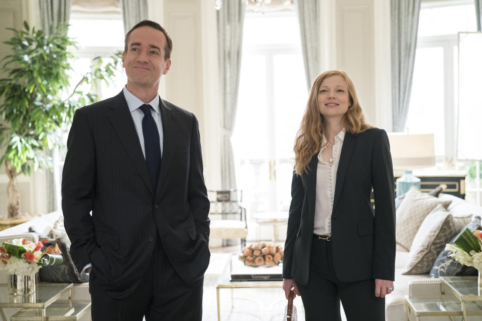 Matthew Macfadyen as Tom Wamsgans and Sarah Snook as Shiv Roy. | Matthew Macfadyen as Tom Wamsgans and Sarah Snook as Shiv Roy.