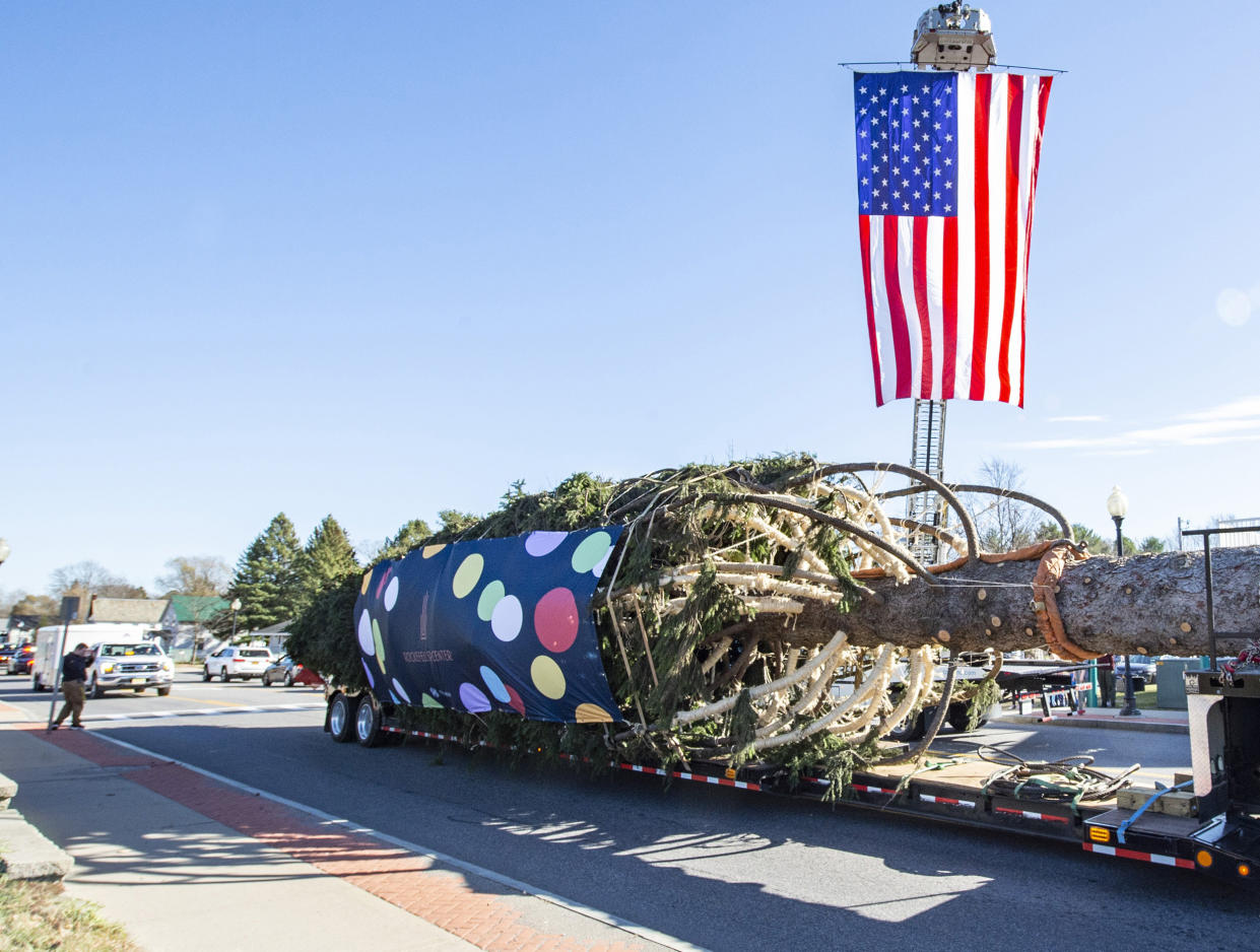 The Rockefeller Center Christmas Tree, an 82-foot tall, 14-ton Norway Spruce, receives a salute from the local fire department as it starts its journey to New York City, Thursday, Nov. 10, 2022, in Queensbury, NY. The wrapped tree will be erected at Rocke (Diane Bondareff / AP)