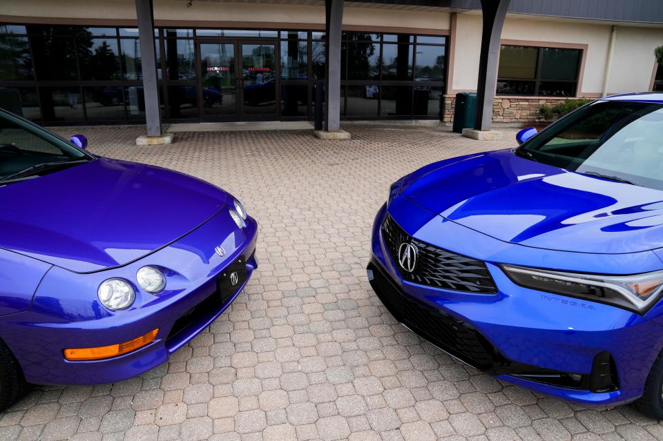 At right, the 2023 Acura Integra on display next to a 1998 Acura Integra, at left, on display Thursday at Honda of America, Mfg. in Marysville. The car, which was made in Japan from 1985 to 2006, was reintroduced for the 2023 model year, and is the first one to be made in the United States.