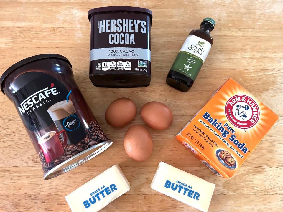 Ingredients for Ina Garten's chocolate cake with mocha frosting