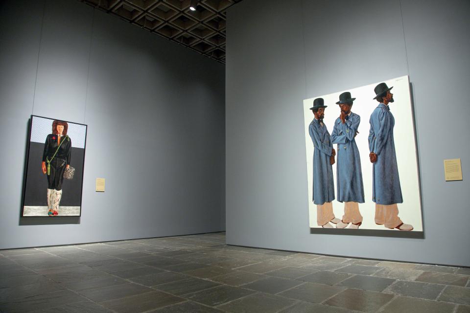 Artworks from the Barkley L. Hendricks exhibition are displayed on Monday, Sept. 18, 2023 at The Frick Madison in New York. Hendricks, who died in 2017, is the first artist of color to have a solo exhibit at the Frick. “Barkley L. Hendricks: Portraits at the Frick” is open now through Jan. 7, 2024. (Photo by Andy Kropa/Invision/AP)