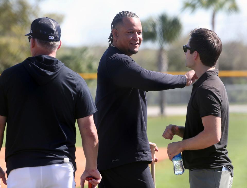 Detroit Tigers manager A.J. Hinch, designated hitter Miguel Cabrera and president of baseball operations Scott Harris talk at the batting cage during spring training on Friday, Feb. 17, 2023, in Lakeland, Florida.