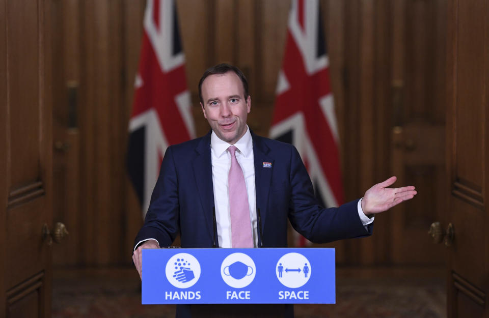 Britain's Health Secretary Matt Hancock during a media briefing on coronavirus in Downing Street, London, Monday, Nov. 16, 2020. (Stefan Rousseau/Pool Photo via AP)