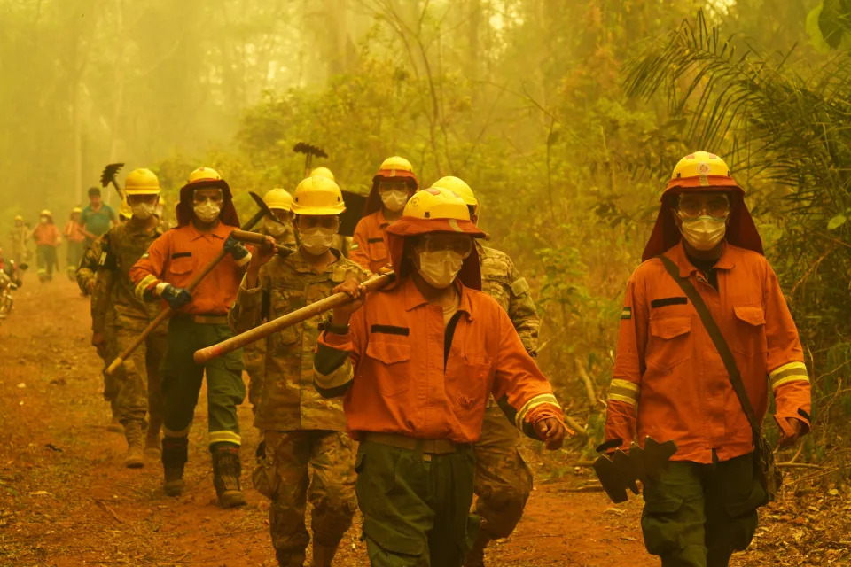 Bomberos llegan para extinguir el fuego durante un incendio forestal en Concepción, departamento de Santa Cruz, Bolivia, el 24 de septiembre de 2024. Bolivia registra en lo que va del año un total de 3.872.498 hectáreas de bosques y pastizales destruidos por incendios, más que en todo 2023, informó el ministro de Medio Ambiente y Agua, Alan Lisperguer, el 9 de septiembre. (Foto de RODRIGO URZAGASTI/AFP vía Getty Images)