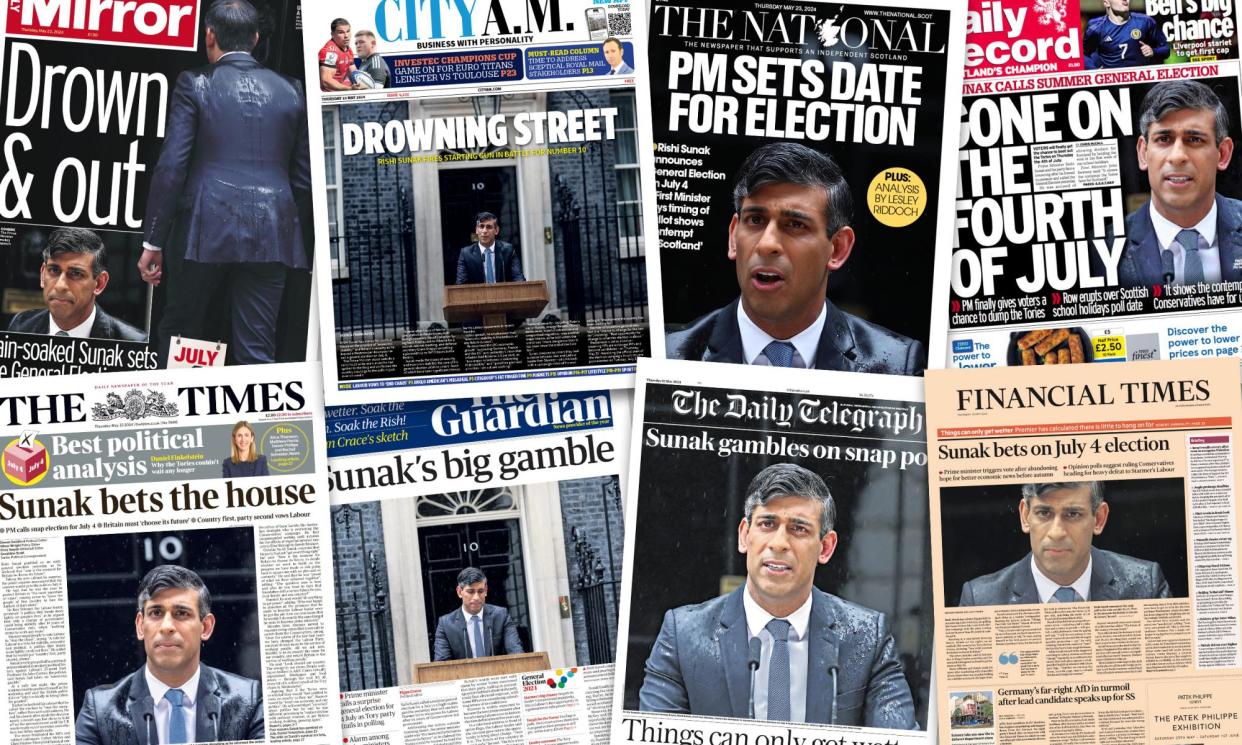 <span>A selection of UK newspaper front pages as Rishi Sunak announces a general election for 4 July.</span><span>Composite: The Mirror / City A.M. / The National / Daily Record / The Times / The Guardian / The Daily Telegraph / Financial Times</span>