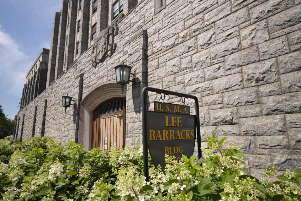 FILE - Lee Barracks is shown at the U.S. Military Academy, on Monday, July 13, 2020, in West Point, N.Y. The building is named for Civil War General Robert E. Lee, a West Point graduate who led the Confederate Army. The tributes to Lee that still dot the West Point campus illustrate the academy’s dichotomy: The cadets who study military history are taught that Confederate soldiers were no heroes, yet the references to Lee remain. (AP Photo/Mark Lennihan, File)