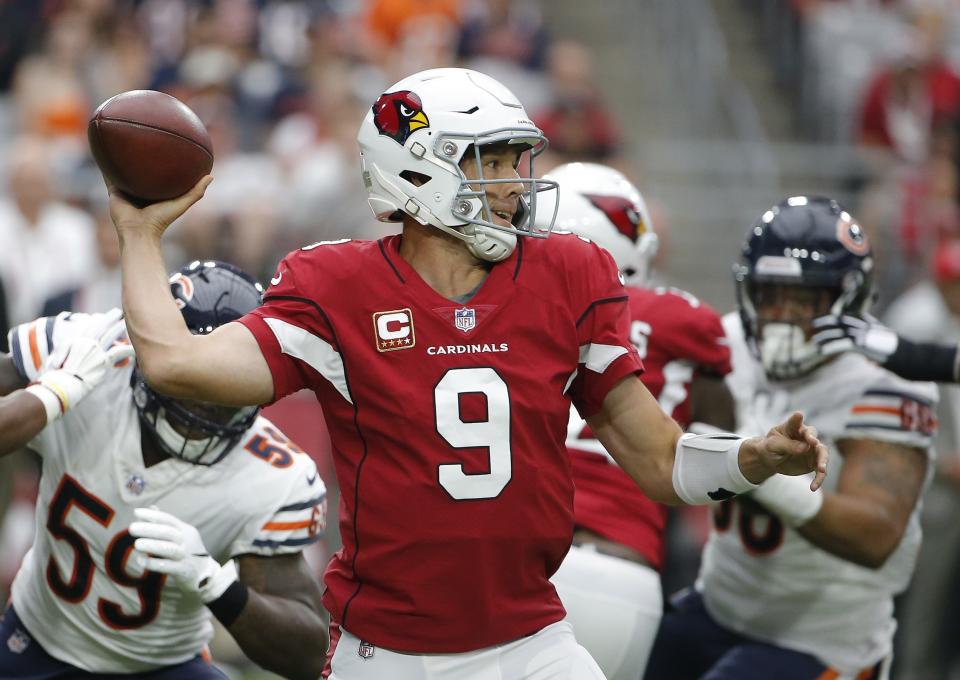 Arizona Cardinals quarterback Sam Bradford throws the ball against the Chicago Bears during the first half of an NFL football game, Sunday, Sept. 23, 2018, in Glendale, Ariz. (AP Photo/Rick Scuteri)