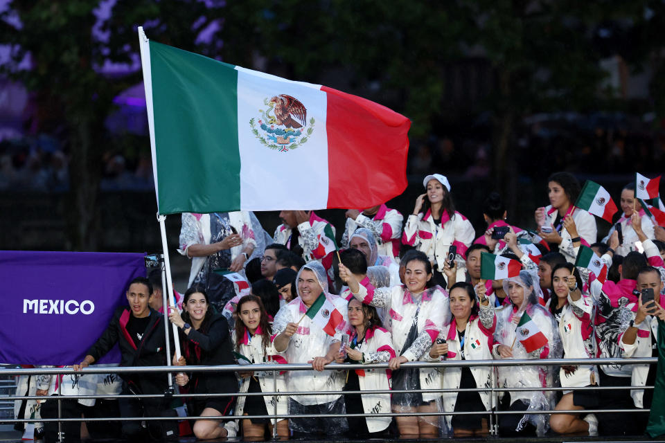 PARIS, FRANCE - JULY 26: Team Mexico are seen on a boat on the River Seine during the opening ceremony of the Olympic Games Paris 2024 on July 26, 2024 in Paris, France. (Photo by Alex Broadway/Getty Images)