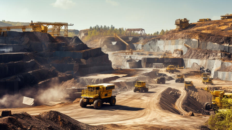 Large scale mining machinery operating in a quarry, showing the vast operations of the company's mining units.