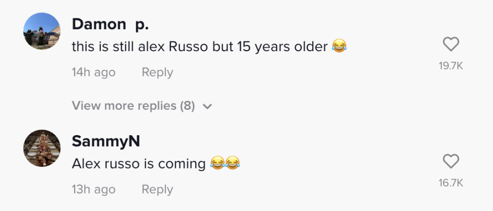 More jokes about Alex Russo: "this is still alex russo but 15 years older" and "Alex russo is coming" with joy emojis