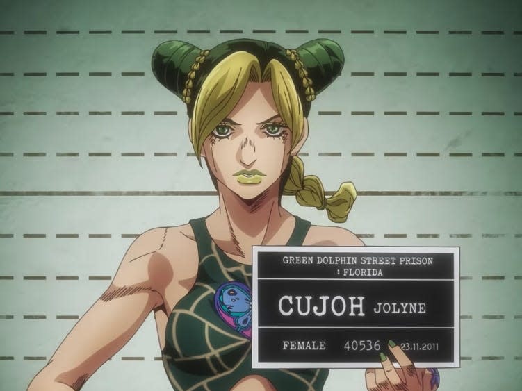 jolyne cujoh from jojo's bizarre adventure holding a prison nameplate and standing in a lineup room