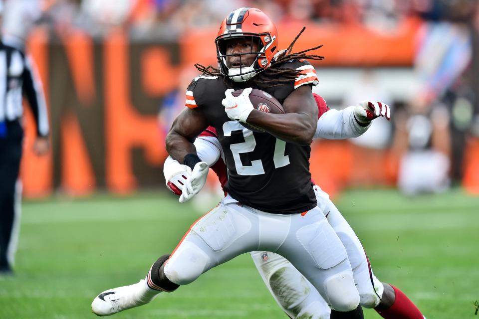Cleveland Browns running back Kareem Hunt (27) runs during the first half of an NFL football game against the Arizona Cardinals, Sunday, Oct. 17, 2021, in Cleveland. (AP Photo/David Richard)