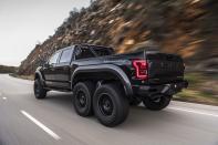 <p>If the regular F-150 isn't outrageous enough for you, consider Hennessey's heavily modified six-wheeled version, the Velociraptor 6X6. It's a lot like the 6x6 G-Wagen, except it's based on the Raptor. That means Fox Racing shocks at all six wheels, and a 600-horsepower twin-turbo V-6. <a href="https://www.ebay.com/itm/2017-Ford-F-150-Raptor/174340186163?hash=item28977c2033:g:V0IAAOSwC9ReldEC" rel="nofollow noopener" target="_blank" data-ylk="slk:Here's one;elm:context_link;itc:0;sec:content-canvas" class="link ">Here's one</a> you can buy now for the low, low price of $275,000. </p>