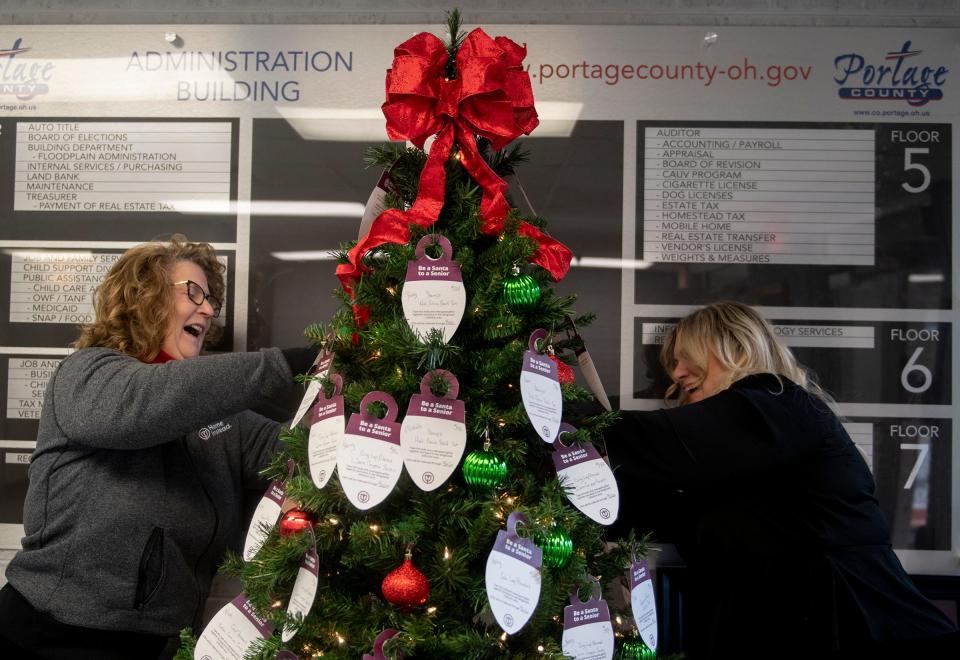 Joan Penix, executive director of Home Instead Senior Care of Portage County, and Therese Zdesar, president of Home Instead's Portage County office, add decorative bulbs to a tree at the Portage County Administration Building in Ravenna.