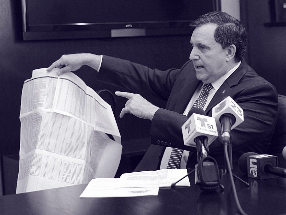 Joe Carollo, then Doral city manager, displayed some papers as evidence as he talked for more than hour during a press conference in which he accused council members of corruption and secret deals to fire him. This occurred in April 2014.