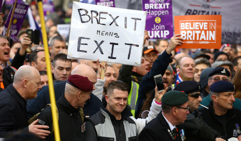 Tommy Robinson takes part in a “Brexit Betrayal” march and rally organised by Ukip in central London on Sunday. (PA)