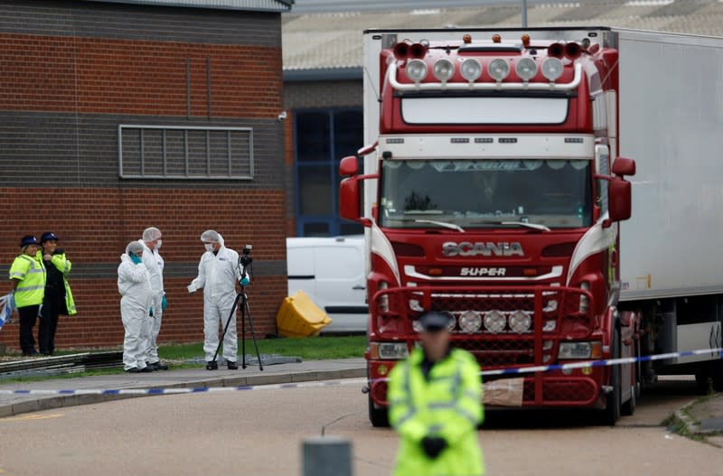 The scene where bodies were discovered in a lorry container, in Grays, Essex