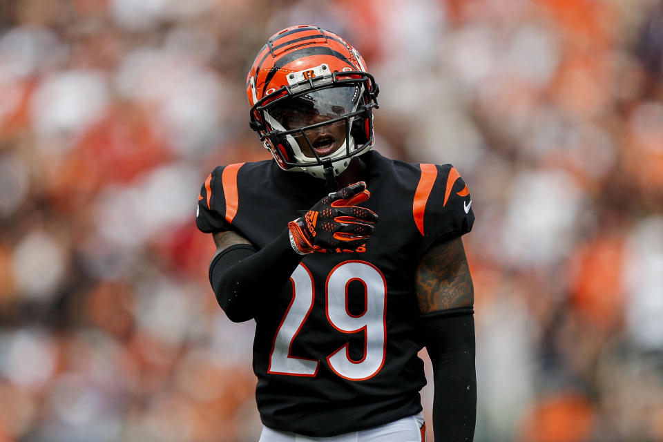 Sep 17, 2023; Cincinnati, Ohio, USA; Cincinnati Bengals cornerback Cam Taylor-Britt (29) reacts after a penalty is called against him in the first half against the Baltimore Ravens at Paycor Stadium. Mandatory Credit: Katie Stratman-USA TODAY Sports