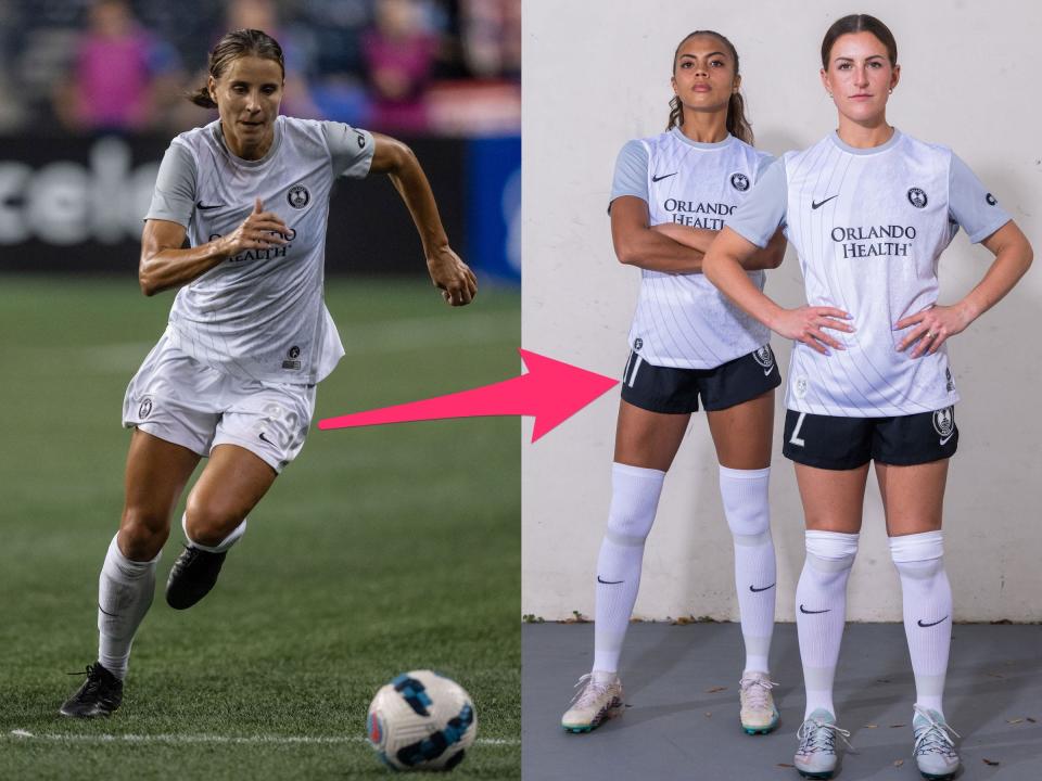 Orlando Pride defender Kylie Strom (left) plays in the 2022 Luna kit, while Watt and McCutcheon (left) pose in the 2023 edition.