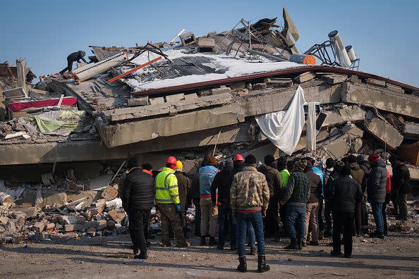 ELBISTAN, TURKEY - FEBRUARY 10: Volunteers and rescue teams work for on a ruined building on February 10, 2023 in Elbistan Turkey. A 7.8-magnitude earthquake hit near Gaziantep, Turkey, in the early hours of Monday, followed by another 7.5-magnitude tremor just after midday. The quakes caused widespread destruction in southern Turkey and northern Syria and were felt in nearby countries.  (Photo by Mehmet Kacmaz/Getty Images)