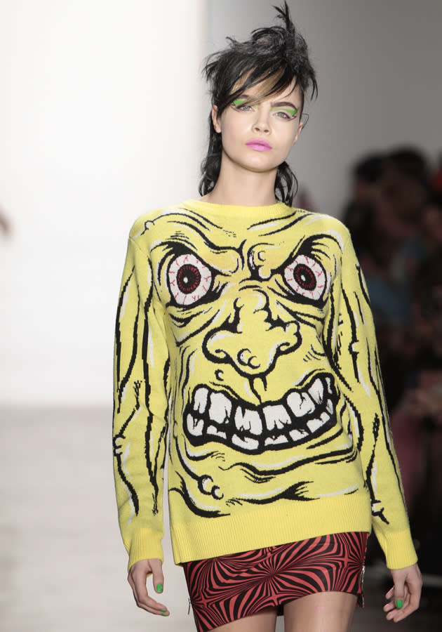 <b>New York Fashion AW13: Weird and wonderful runway looks<br></b><br>The monster theme continued on the Jeremy Scott runway, with Cara Delevingne showing off a bloodshot-eyed monster motif.<b><br></b>