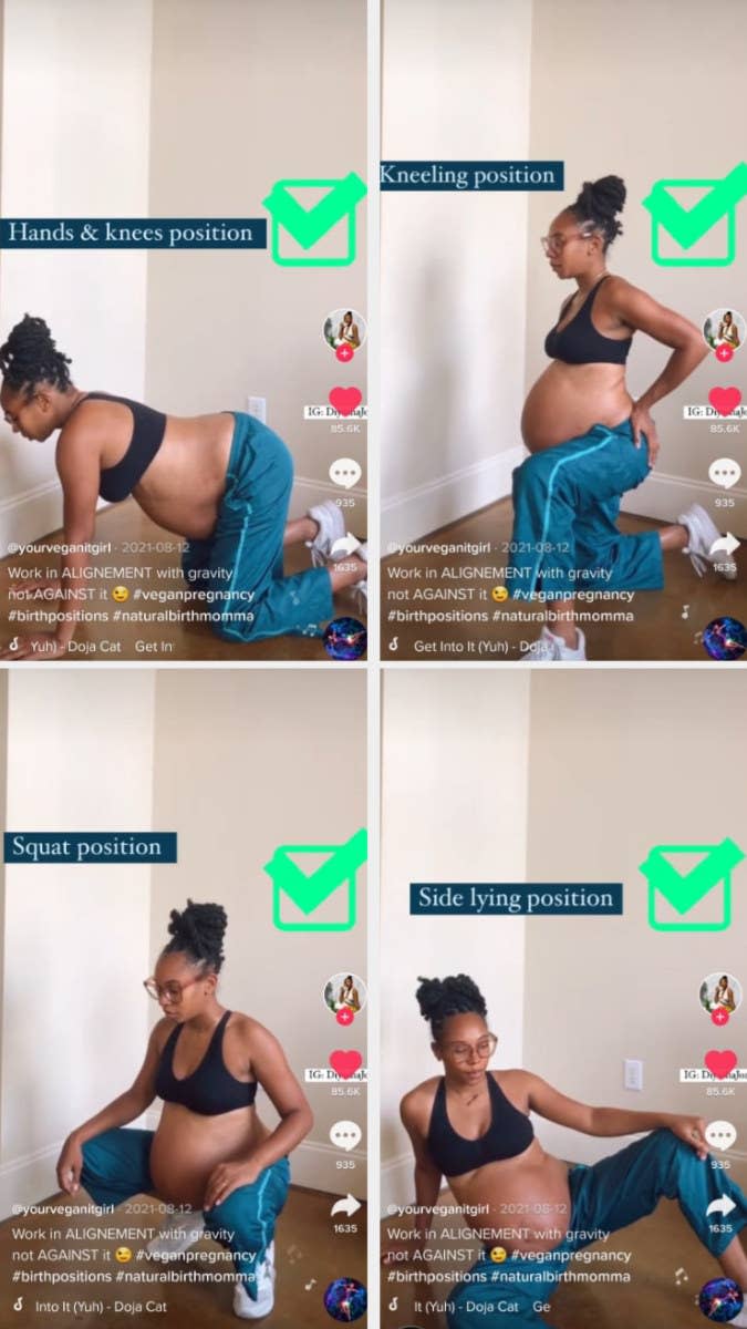 Screengrabs from Diyasha Jones' TikTok showing her in a hands-and-knees position, a kneeling position, a squatting position, and a side-lying position