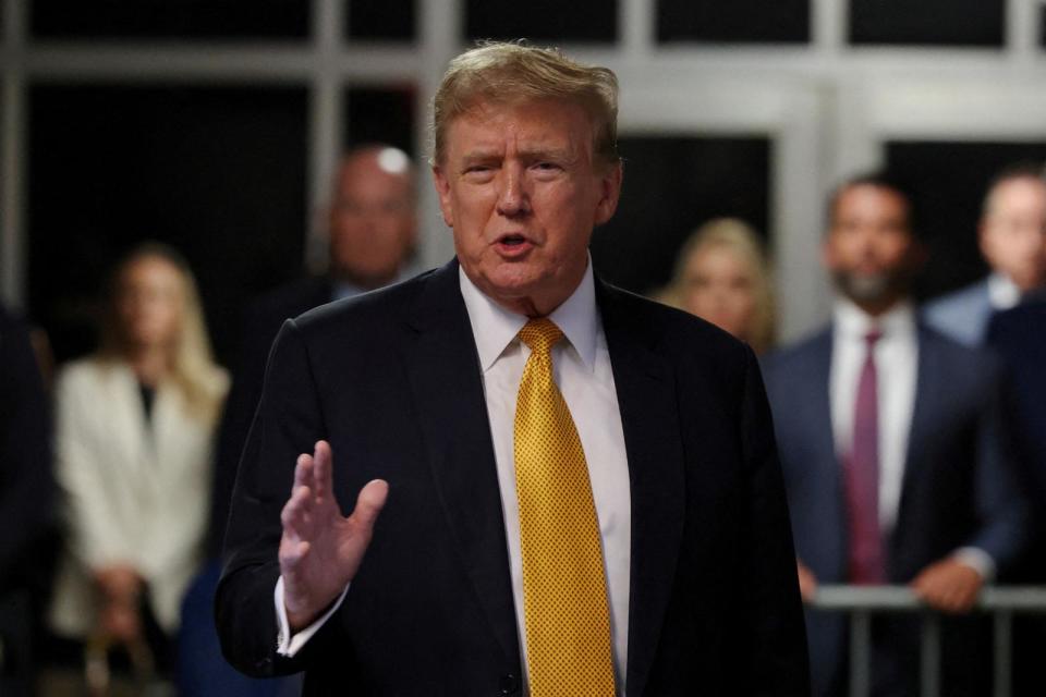 PHOTO: Former U.S. President Donald Trump speaks after a break during his hush money trial at the Manhattan Criminal Court, May 21, 2024, in New York. (Michael M. Santiago/via Reuters)