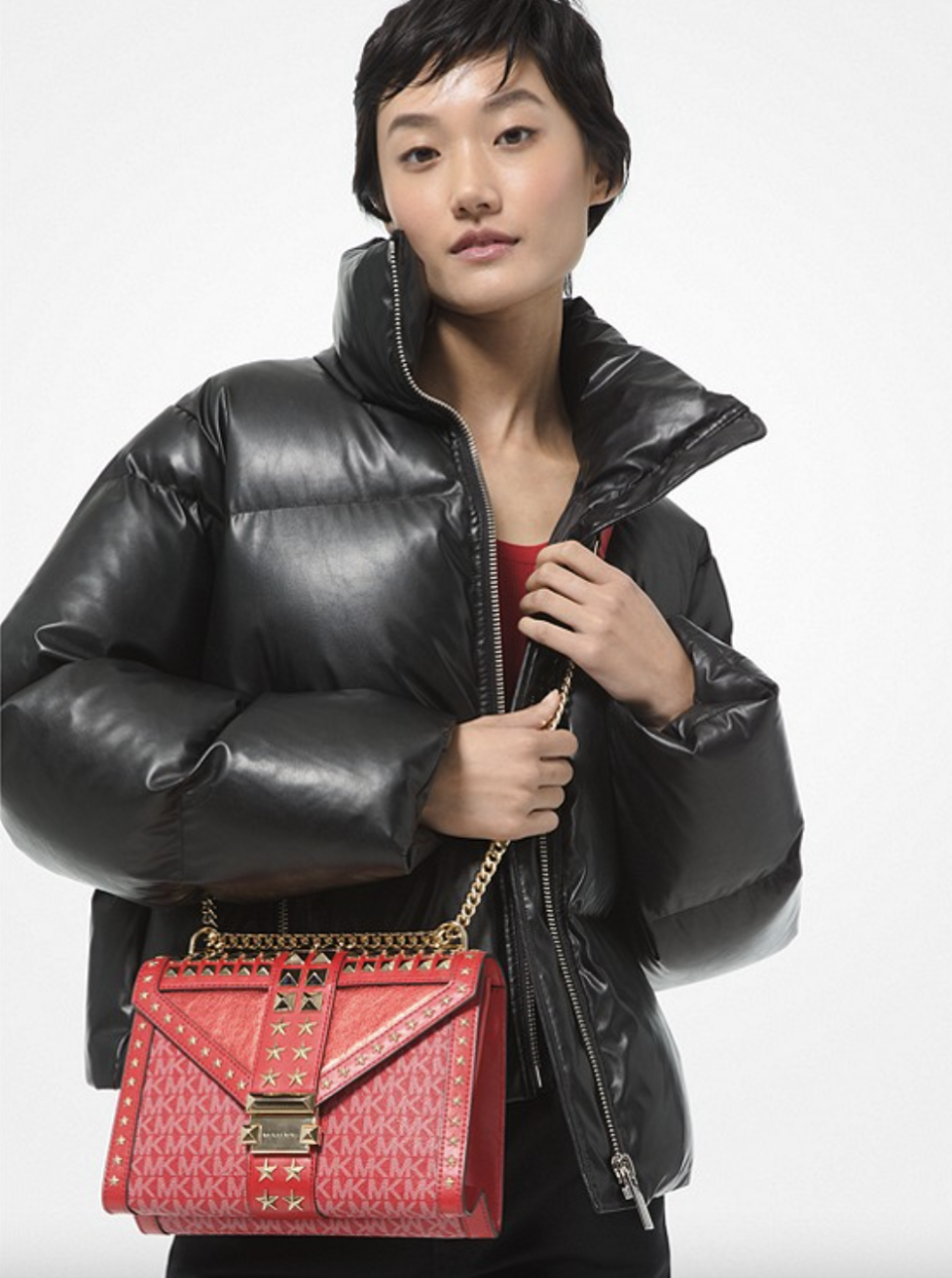 Quilted Faux Leather Puffer Jacket in black leather