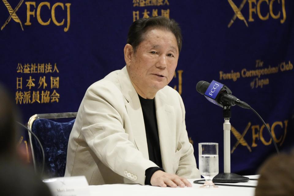 Takeshi Kitano answers a question from a journalist during a press conference at the Foreign Correspondents' Club of Japan, Wednesday, Nov. 15, 2023, in Tokyo. (AP Photo/Eugene Hoshiko)