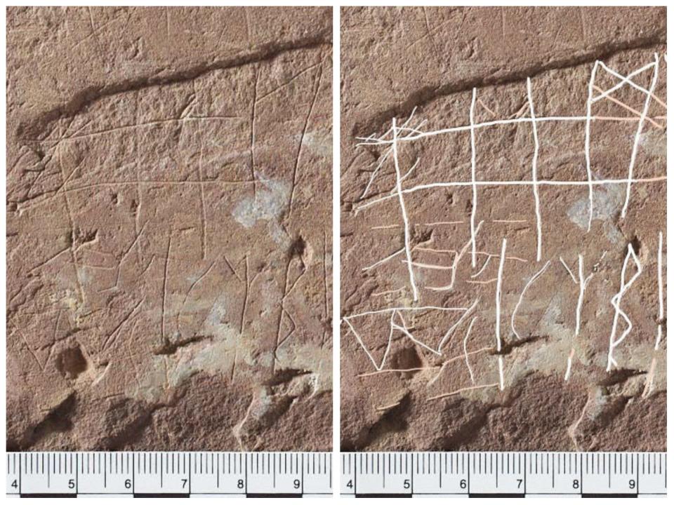 Side by side images show etchings that look like drafts of runes placed near a ruler, and a drawing of what the shapes look like.