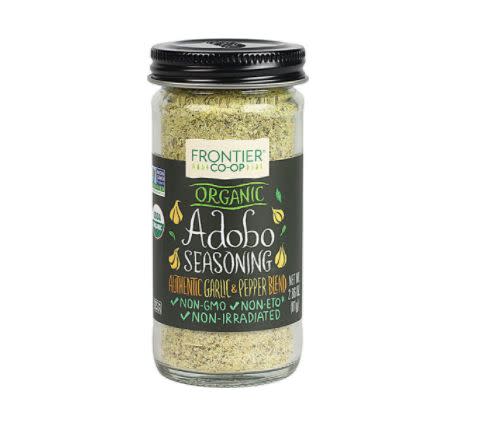 Frontier Co-Op is an Iowa-based cooperatively owned wholesaler of natural and organic products. The brand carries an <a href="https://fave.co/3j45QhJ" target="_blank" rel="noopener noreferrer">Organic Adobo Seasoning Blend</a> made with kosher, non-GMO, non-ETO ingredients. A quarter teaspoon of the blend contains 135 milligrams of sodium. <br /><br />You can purchase directly from their website or from <a href="https://fave.co/3j45QhJ" target="_blank" rel="noopener noreferrer">Vitacost</a>.